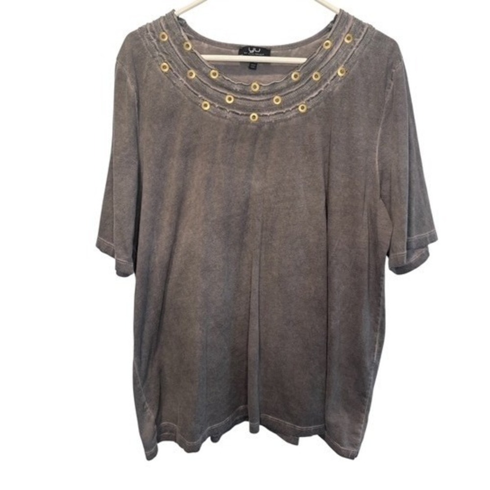 YU by Ulla Popken Womens Gray Worn In T-Shirt Grommet Neck Mineral Wash 20/22
